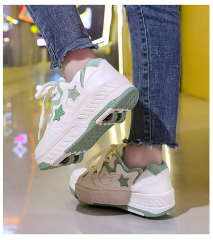 Chaussures de roller pour enfants - Roues rechargeables, couleurs tendance, finition brillante, pour les anniversaires, pour garçons et filles, chaussures décontractées deux-en-un