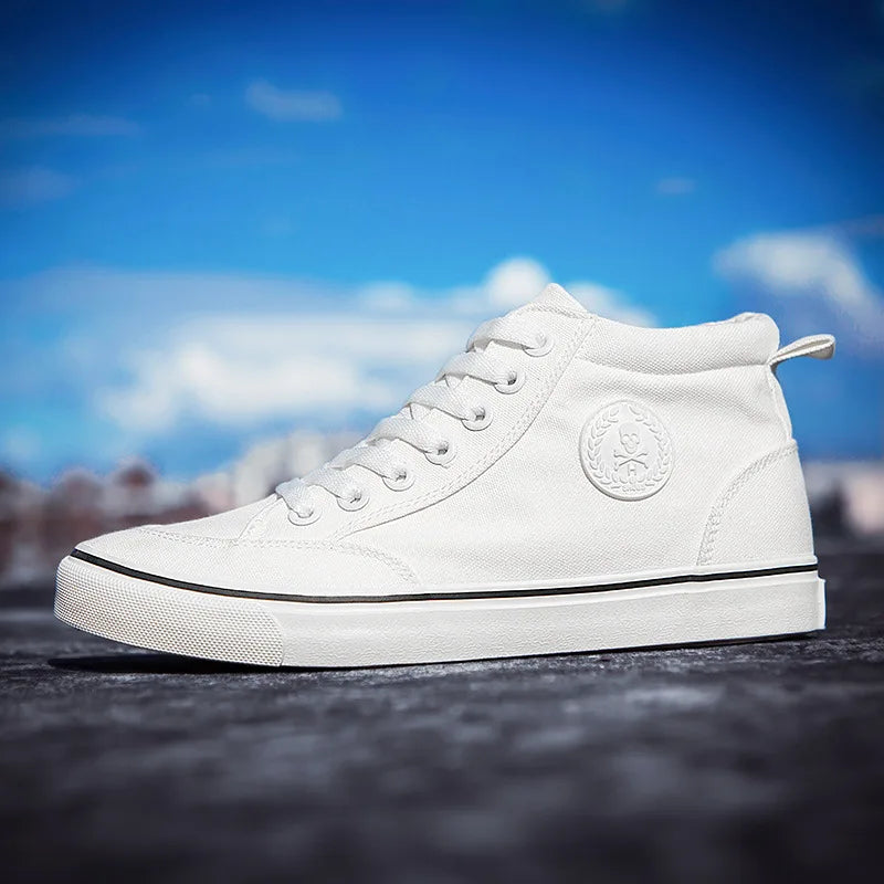 Baskets montantes en toile pour hommes, chaussures de Skate décontractées à lacets, toutes noires, pour étudiants, semelle plate, chaussures de Sport confortables