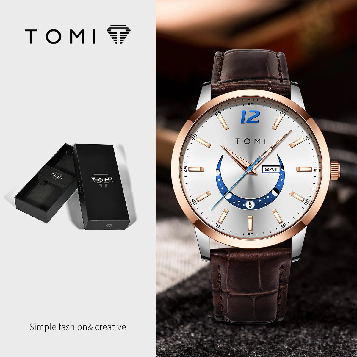 TOMI quartz watch, business-style and elegant, with a leather strap, alloy case and analogue dial – High-end design, a gift idea for men