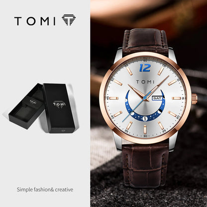 TOMI quartz watch, business-style and elegant, with a leather strap, alloy case and analogue dial – High-end design, a gift idea for men