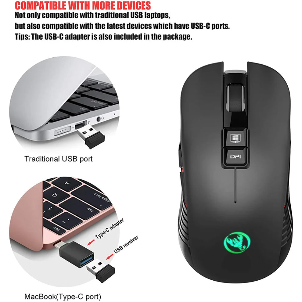 Rechargeable 2.4G USB-C Wireless Gaming Mouse, 3600 DPI Ergonomic Silent Wireless Mouse with 7 Buttons for MacBook, Laptop & PC
