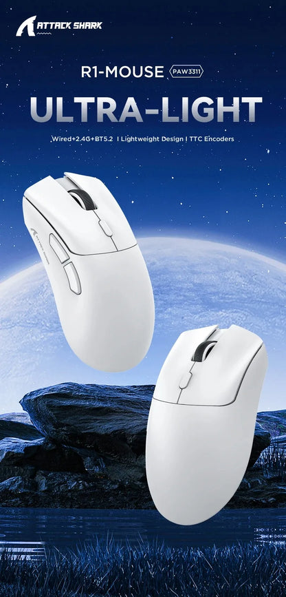 Attack Shark R1 Wireless Gaming Mouse, Tri-Mode Bluetooth Gaming Mouse with PAW3311 Sensor, 18000 DPI, 1000Hz Polling Rate, Rechargeable Ergonomic Gaming Mouse