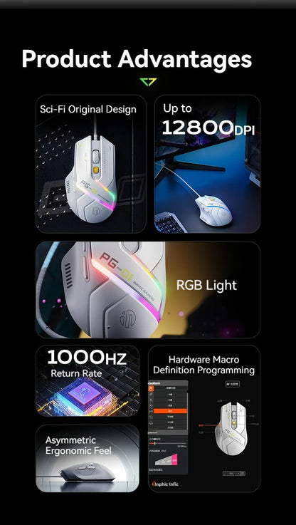 Inphic PG1 Wired Gaming Mouse RGB 12800 DPI Programmable Gaming Mouse with 6 Macro Buttons, 1000Hz Polling Rate USB Computer Mouse