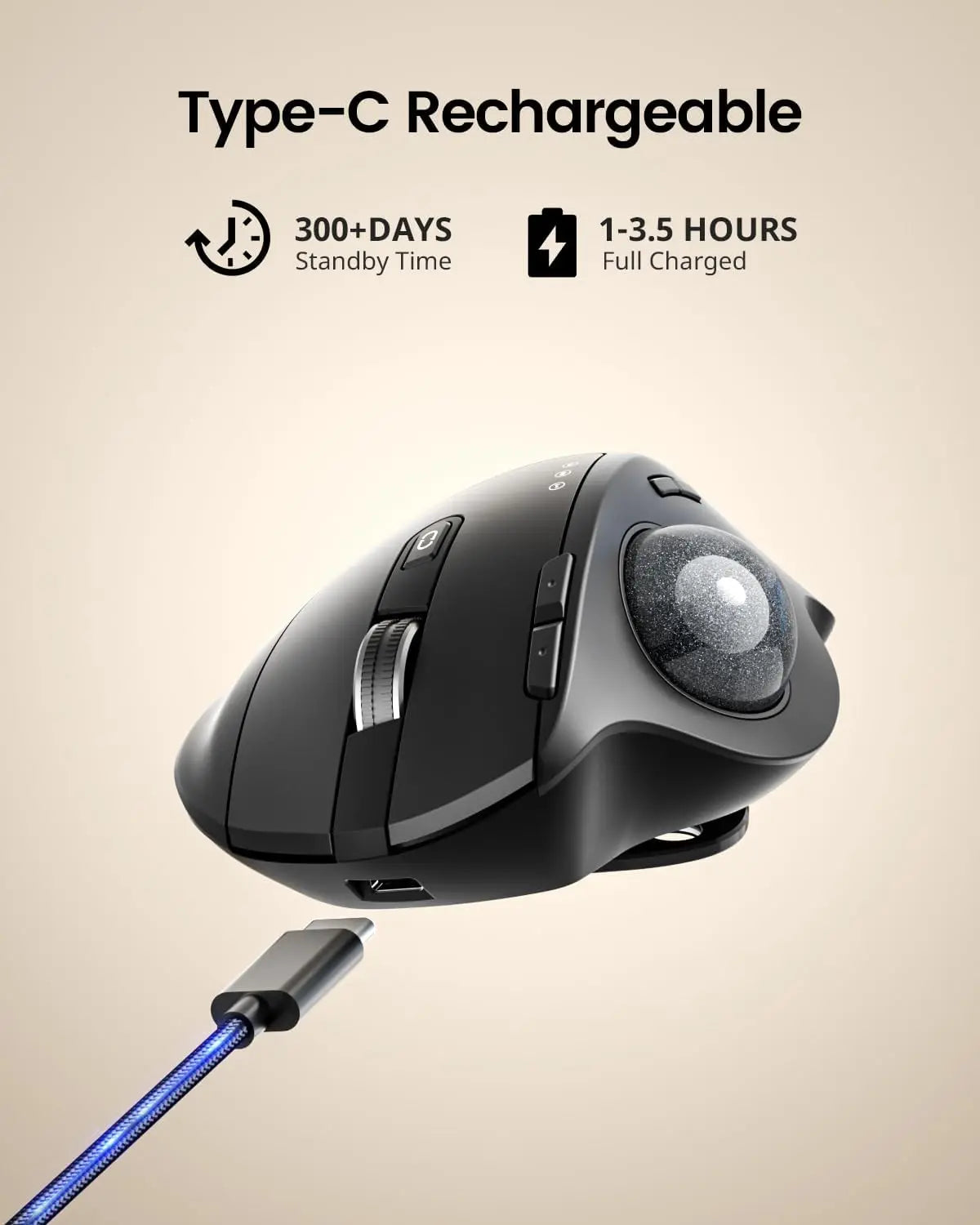 ProtoArc EM01 NL Wireless Trackball Mouse, Ergonomic Bluetooth Thumb Trackball Mouse, Rechargeable Multi-Device Wireless Mouse for Laptop, PC & Mac