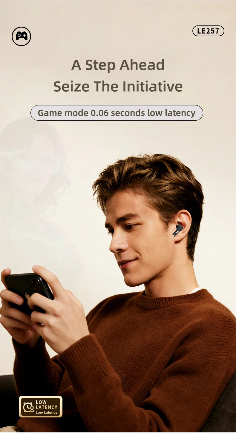 Lenovo LE257 TWS Wireless Bluetooth 6.0 Headphones with HiFi Sound, ENC Noise Reduction, Gaming Earbuds with Mic, Sports Waterproof Headset