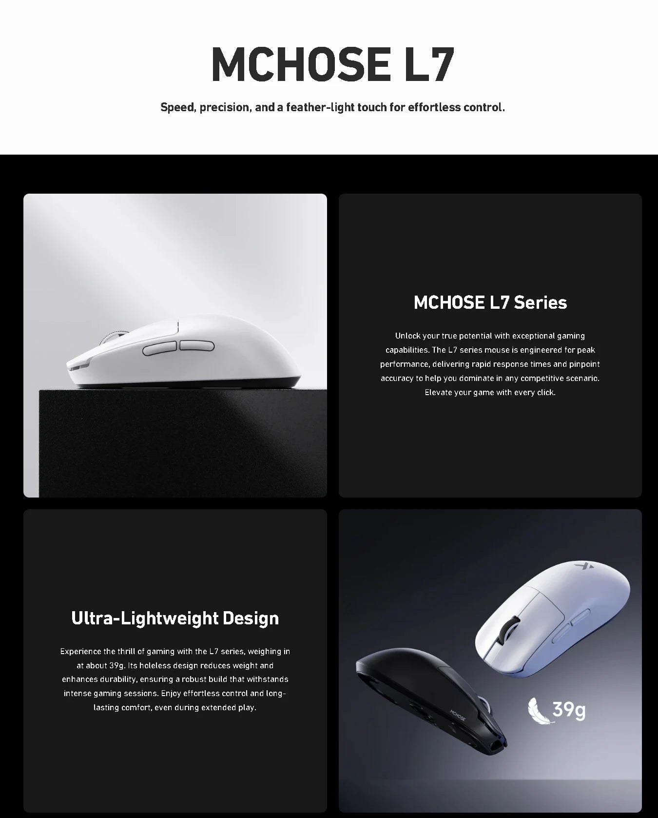 MCHOSE L7 Pro Wireless Gaming Mouse PAW3395, 8K Polling Rate, 39g Ultra-Lightweight Wireless Gaming Mouse with Bluetooth & 2.4GHz