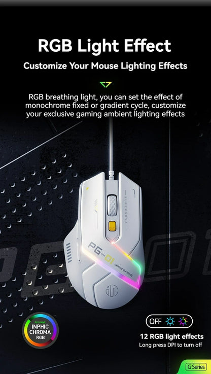 Inphic PG1 Wired Gaming Mouse RGB 12800 DPI Programmable Gaming Mouse with 6 Macro Buttons, 1000Hz Polling Rate USB Computer Mouse