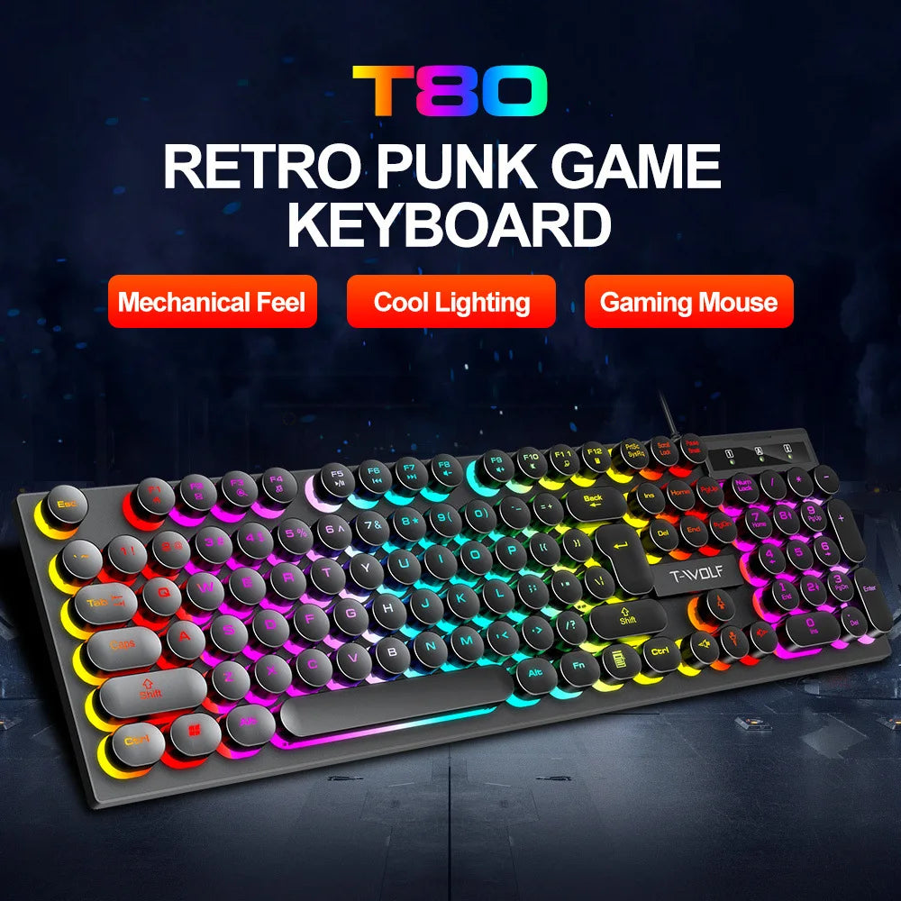 Typewriter style Mechanical feel Gaming Keyboard,Wired,RGB Backlit,Round Keycaps Mouse and Keyboard Bundle Waterproof 104-Key