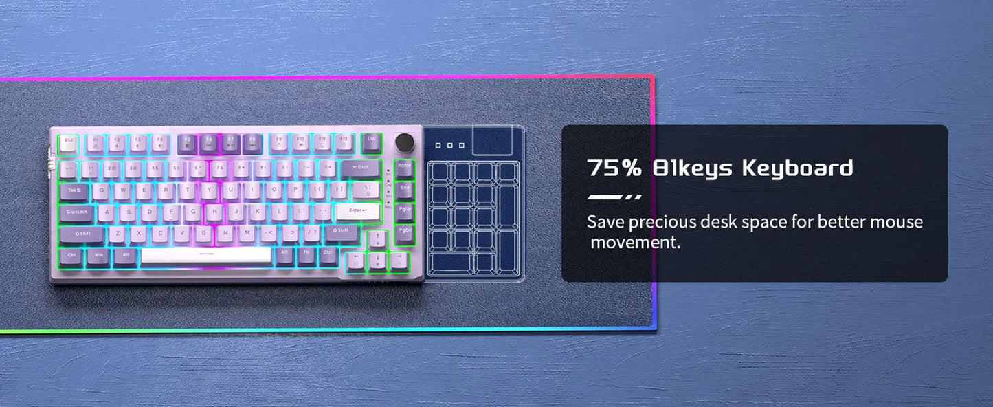 MageGee SKY81 Teclado mecánico gaming 75%, RGB, gasket, hot swappable, con cable, personalizable, sonido cremoso, amortiguación acústica y perilla