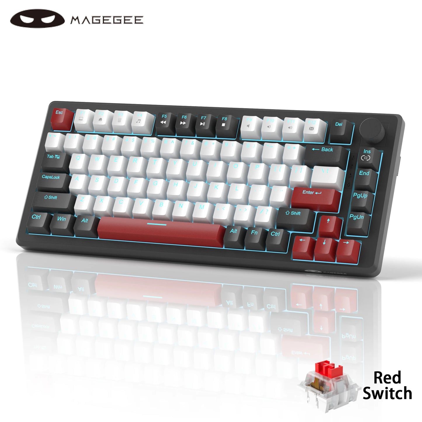MageGee 75% Mechanical Gaming Keyboard with Knob Control, Wired Mechanical Gaming Keyboard with Blue Backlit, Red/Yellow Switch Gaming Keyboard for PC Windows