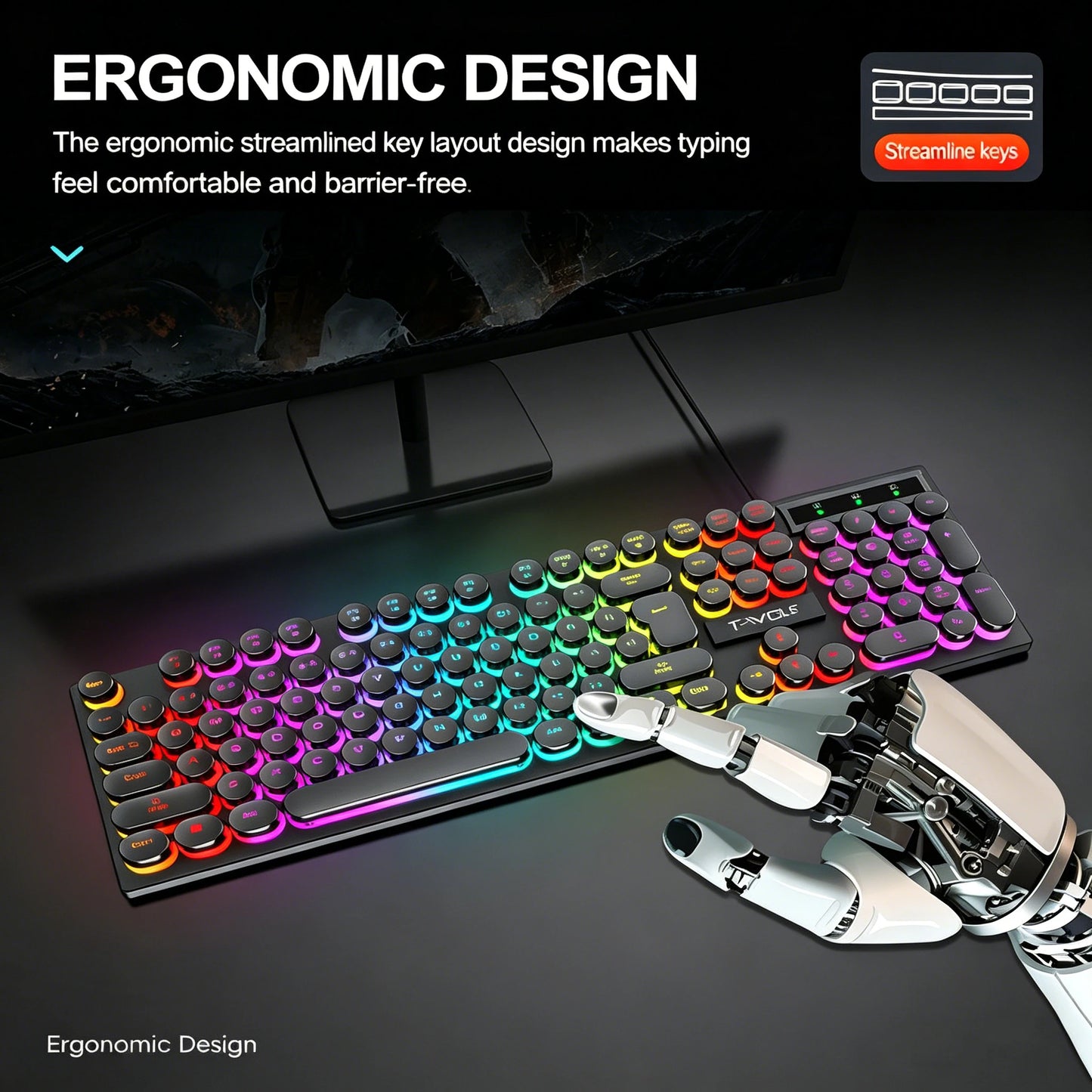 Typewriter style Mechanical feel Gaming Keyboard,Wired,RGB Backlit,Round Keycaps Mouse and Keyboard Bundle Waterproof 104-Key