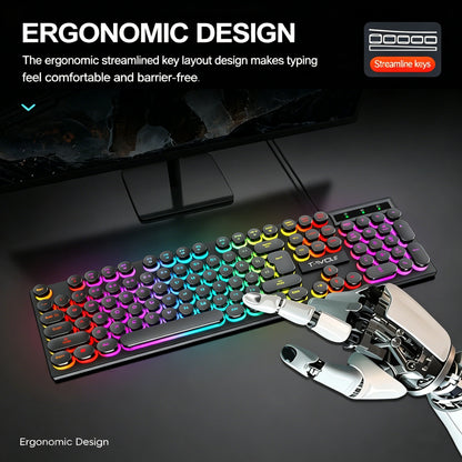 Typewriter style Mechanical feel Gaming Keyboard,Wired,RGB Backlit,Round Keycaps Mouse and Keyboard Bundle Waterproof 104-Key