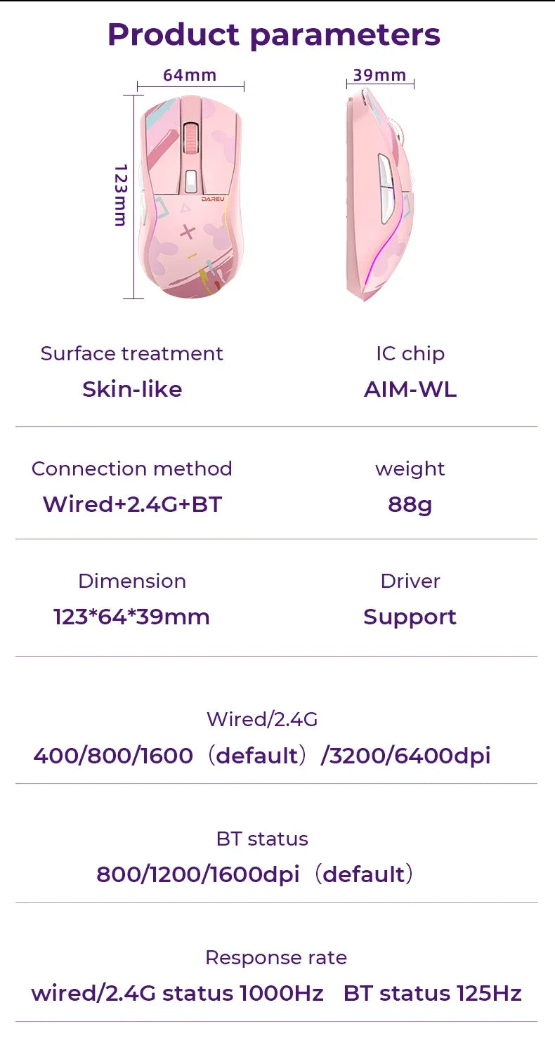 DAREU A950 Tri-Mode Wireless Gaming Mouse with Charging Dock, Bluetooth, 2.4G & Wired RGB Gaming Mouse, 12000 DPI Ergonomic Gaming Mouse for PC & Laptop
