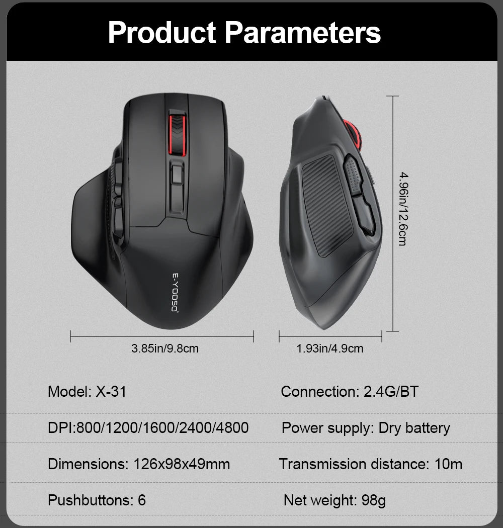 E-YOOSO X-31 Pro USB-gamingmus, stor, med Bluetooth-stöd, 2.4G trådlös, PAW3212, 4800 DPI, för gamers, dator, laptop och PC