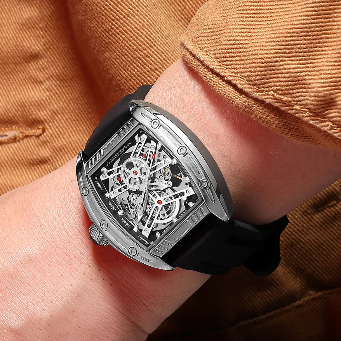2026 Men's Automatic Mechanical Watch with Stainless Steel Case Silicone Band Skeleton Dial Waterproof Sport Wristwatch