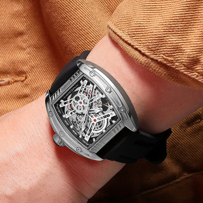 2026 Men's Automatic Mechanical Watch with Stainless Steel Case Silicone Band Skeleton Dial Waterproof Sport Wristwatch