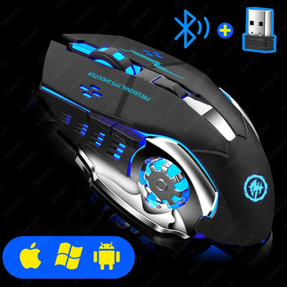 Rechargeable Wireless Gaming Mouse Bluetooth Silent Computer Mouse with RGB Backlight, USB Dual Mode, 6 Buttons, Adjustable DPI for PC, Laptop & Gaming