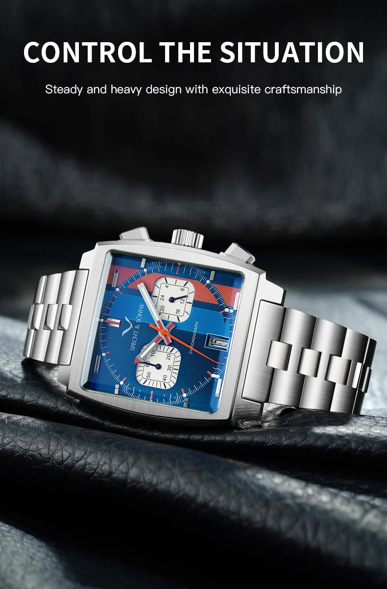 Specht&Sohne New Arrivals Japan VK64 Chronograph Men Quartz Watch 316L Stainless Steel Leather Strap Luminous Waterproof 30M