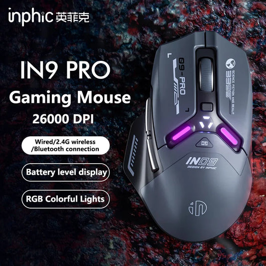 Inphic IN9PRO Wireless Gaming Mouse 26000 DPI Tri-Mode Bluetooth RGB Ergonomic Gaming Mouse with PAW3395 Sensor & 8K Polling Support