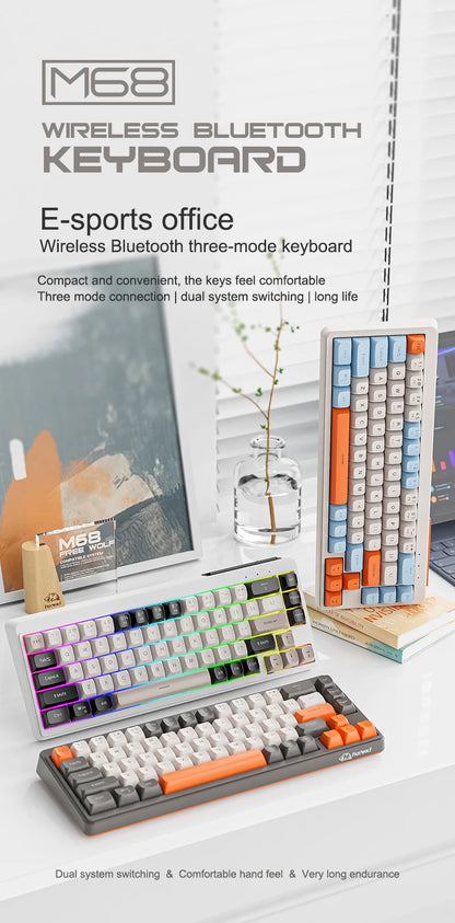 FREEWOLF M68 68 Keys Wireless Keyboard Mouse Combo, PBT RGB Tri-Mode Bluetooth/2.4G/Wired Keyboard, Silent Keyboard Mouse Set