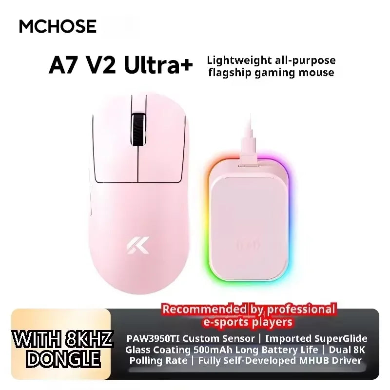 MCHOSE A7 V2 Ultra Wireless Gaming Mouse with PixArt 3950Ti Sensor, 8K Polling Rate, Lightweight Bluetooth & 2.4G RGB Gaming Mouse