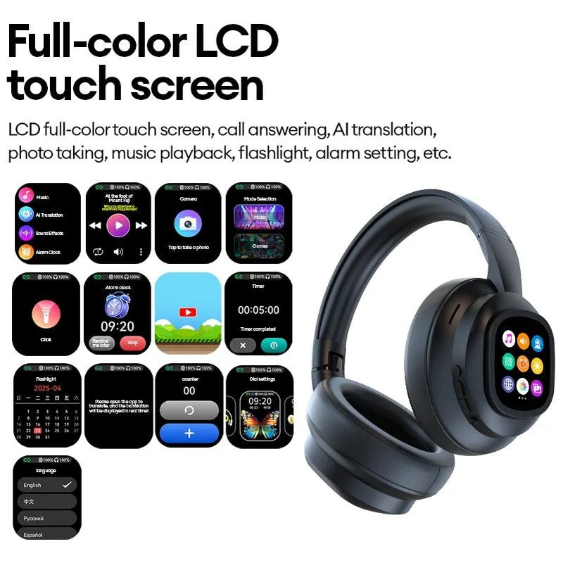 AI LCD Touch Screen Wireless Bluetooth Headphones – ANC Noise Cancelling Deep Bass Gaming Headset with HD Mic