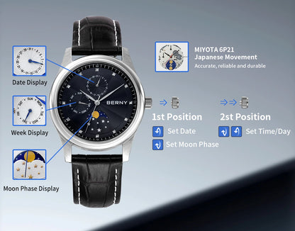 BERNY Men Watch Date Weeks Moon Phase Quartz Watches for Men Stainless Steel Leather Strap Business Wristwatch Male Clock