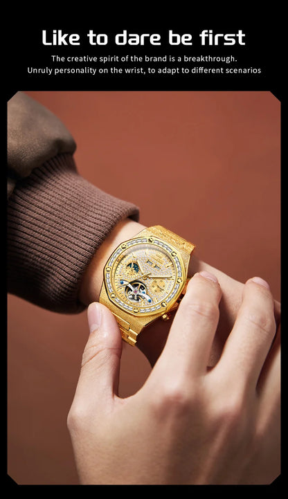 OLEVS 9805 Mens Watch Original Brand Tourbillon Automatic Mechanical Watch Diamond Dial Waterproof Moon Phase Watches For Men