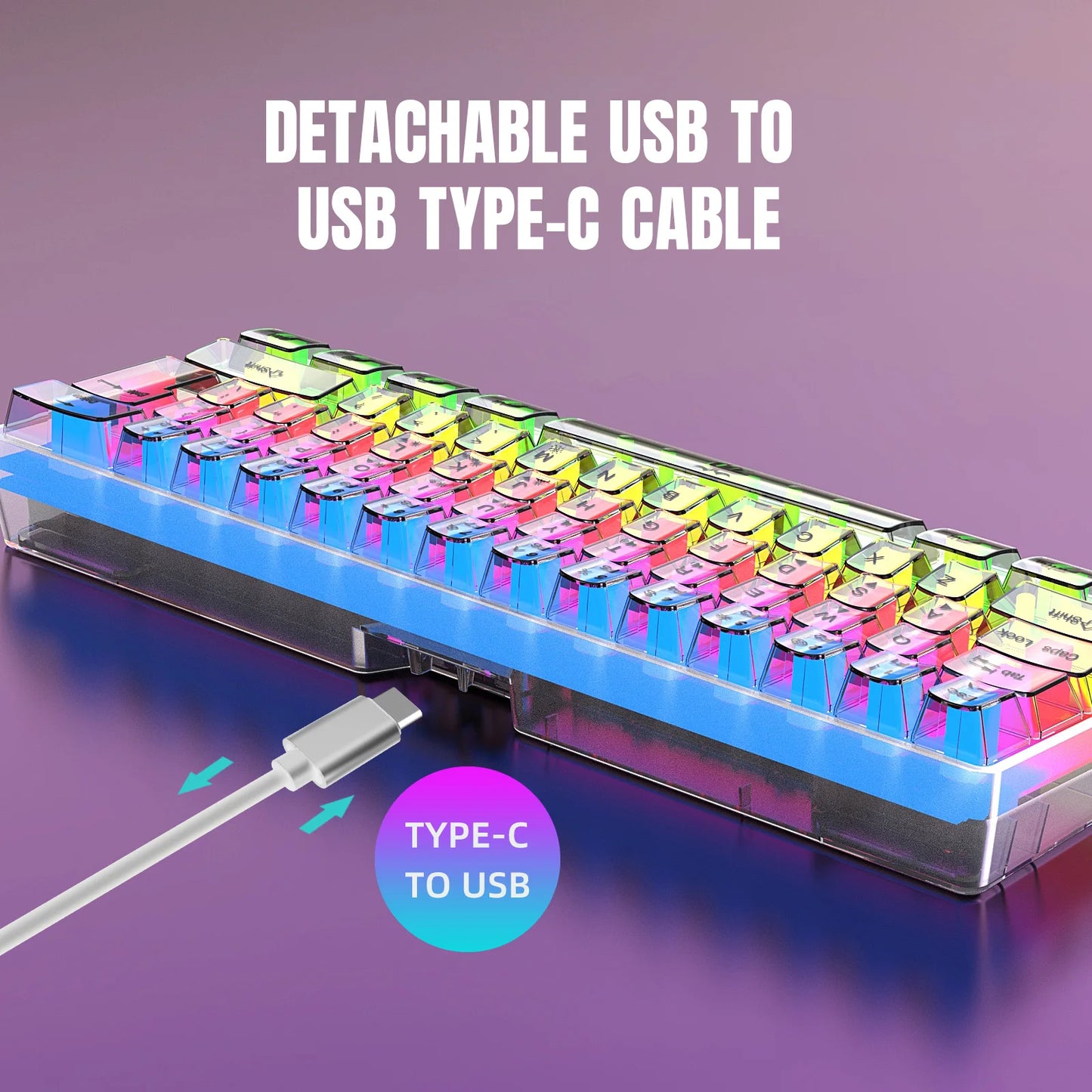 HXSJ 60% kabelgebundene transparente Gaming-Tastatur, RGB-beleuchtet, ultrakompakte wasserdichte kleine Kompakttastatur mit 61 Tasten für PC/Mac