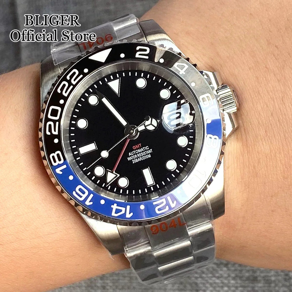 NH34A 200M Waterproof 40mm NH34 GMT Sapphire Luminous Automatic Movement Diving Watch Men Steel Bracelet Black Grey Insert