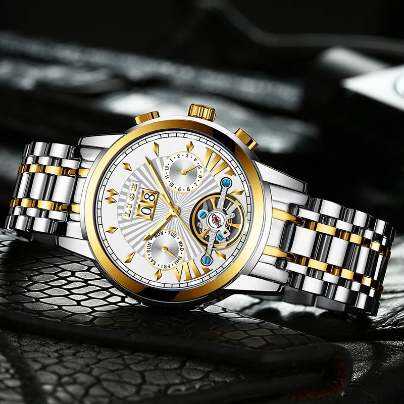 Pánské mechanické náramkové hodinky s automatickým nátahem LIGE – luxusní hodinky nejvyšší třídy s tourbillonem, elegantní a vodotěsný model, ideální pro práci i formální příležitosti.