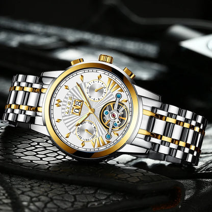 Pánské mechanické náramkové hodinky s automatickým nátahem LIGE – luxusní hodinky nejvyšší třídy s tourbillonem, elegantní a vodotěsný model, ideální pro práci i formální příležitosti.