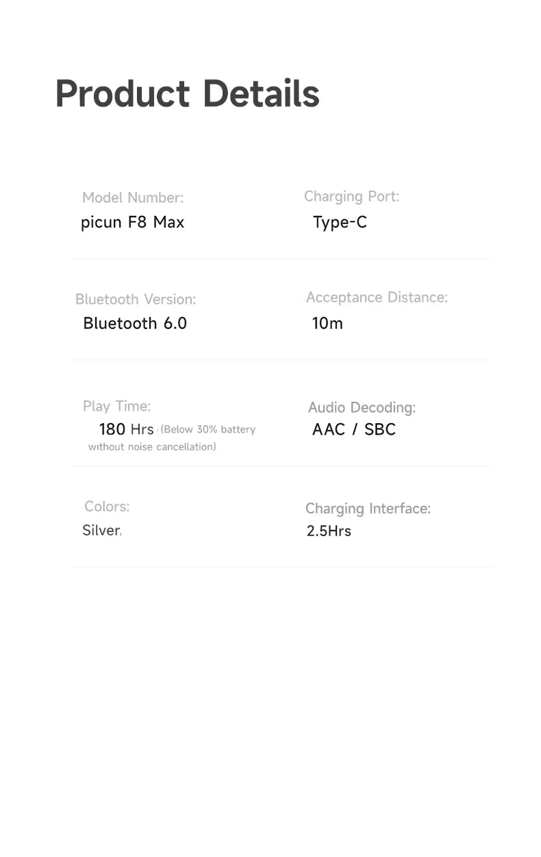 Picun F8MAX ANC Wireless Headphones 59dB Noise Cancelling Bluetooth 6.0 Over Ear Headset with Spatial Audio, 180H Battery Life & HiFi Sound