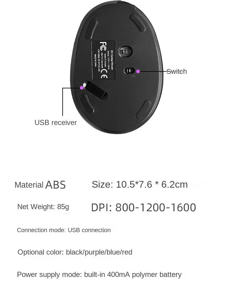 BTS-908 Ergonomic Wireless Vertical Mouse 2.4G USB Rechargeable Mouse with 1600 DPI Adjustable Sensitivity, 6 Buttons Computer Mouse