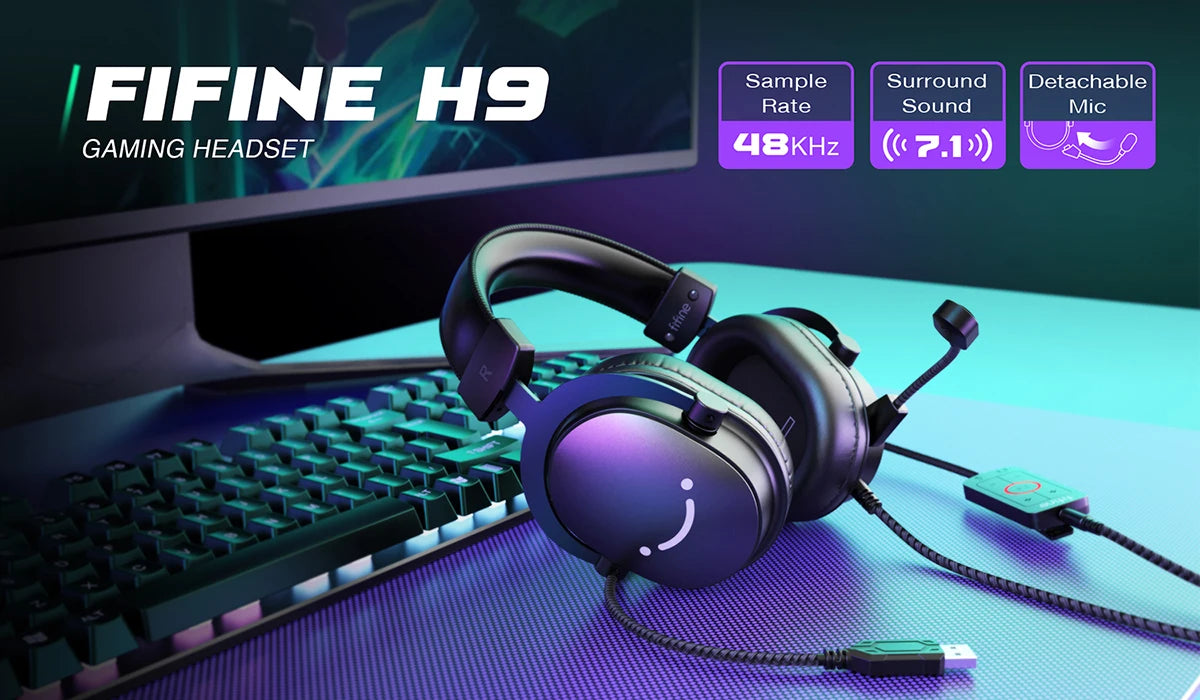 FIFINE Headset,3.5 mm jack&USB Headphone with 7.1 Surround Sound/volum control/Mute switch for PC/MAC/PS4/PS5 Mixer-H9