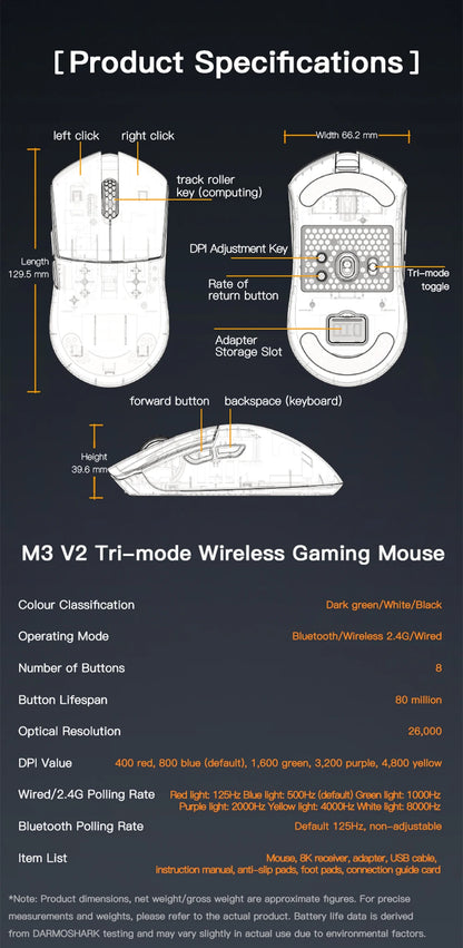 Souris gaming sans fil Darmoshark M3 V2 Tri-Mode 8K, capteur PAW3395, 26K DPI – Souris gaming ultra-légère pour PC et ordinateur portable