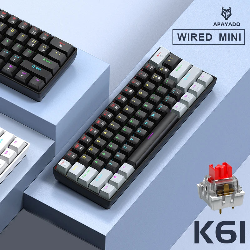 APAYADO K61 60% Mechanical Keyboard Wired RGB, 61 Keys Mini Gaming Keyboard with Red/Blue Switches, Compact RGB Mechanical Keyboard for PC & Laptop