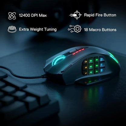 Redragon M908 RGB Wired Gaming Mouse, 12400 DPI Gaming Mouse with 18 Programmable Buttons, RGB Backlit USB MMO Gaming Mouse for PC & Laptop