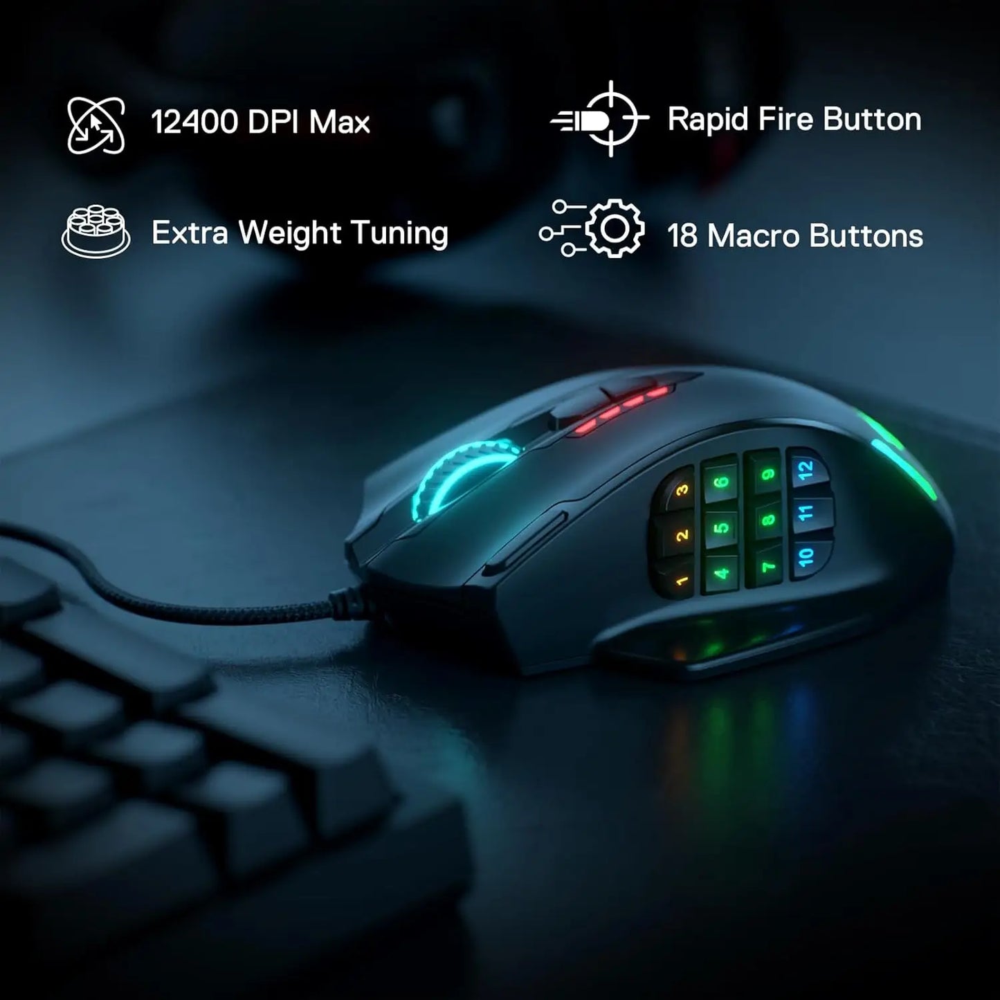 Redragon M908 RGB Wired Gaming Mouse, 18 Programmable Buttons, 12400 DPI USB Gaming Mouse with Customizable RGB Backlight for PC & MMO Gaming