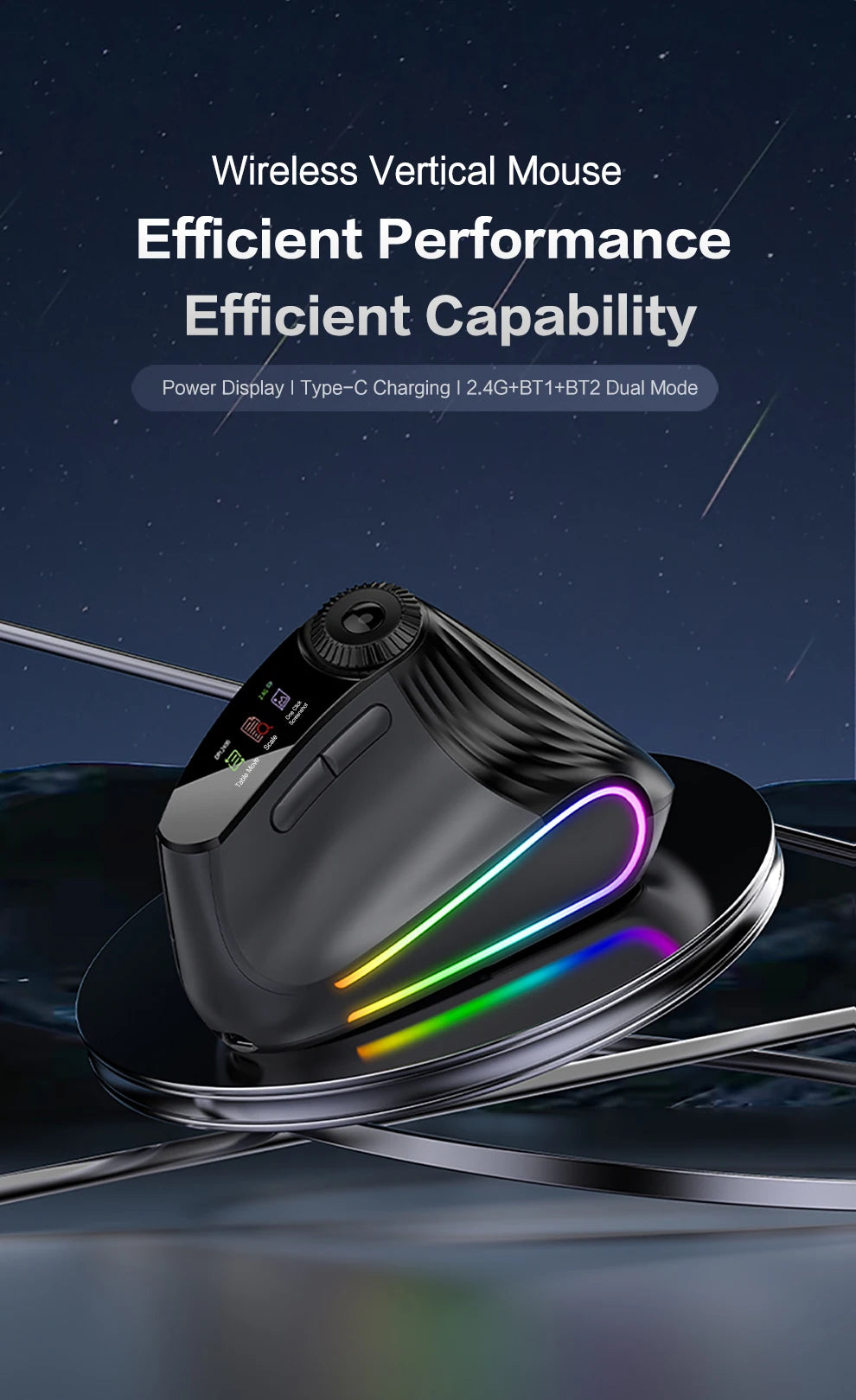 Wireless Ergonomic Mouse with Smart Flying Scroll, Bluetooth & 2.4G Rechargeable RGB Backlit Ergonomic Mouse, Adjustable DPI Gaming Mouse for PC, Laptop & Mac