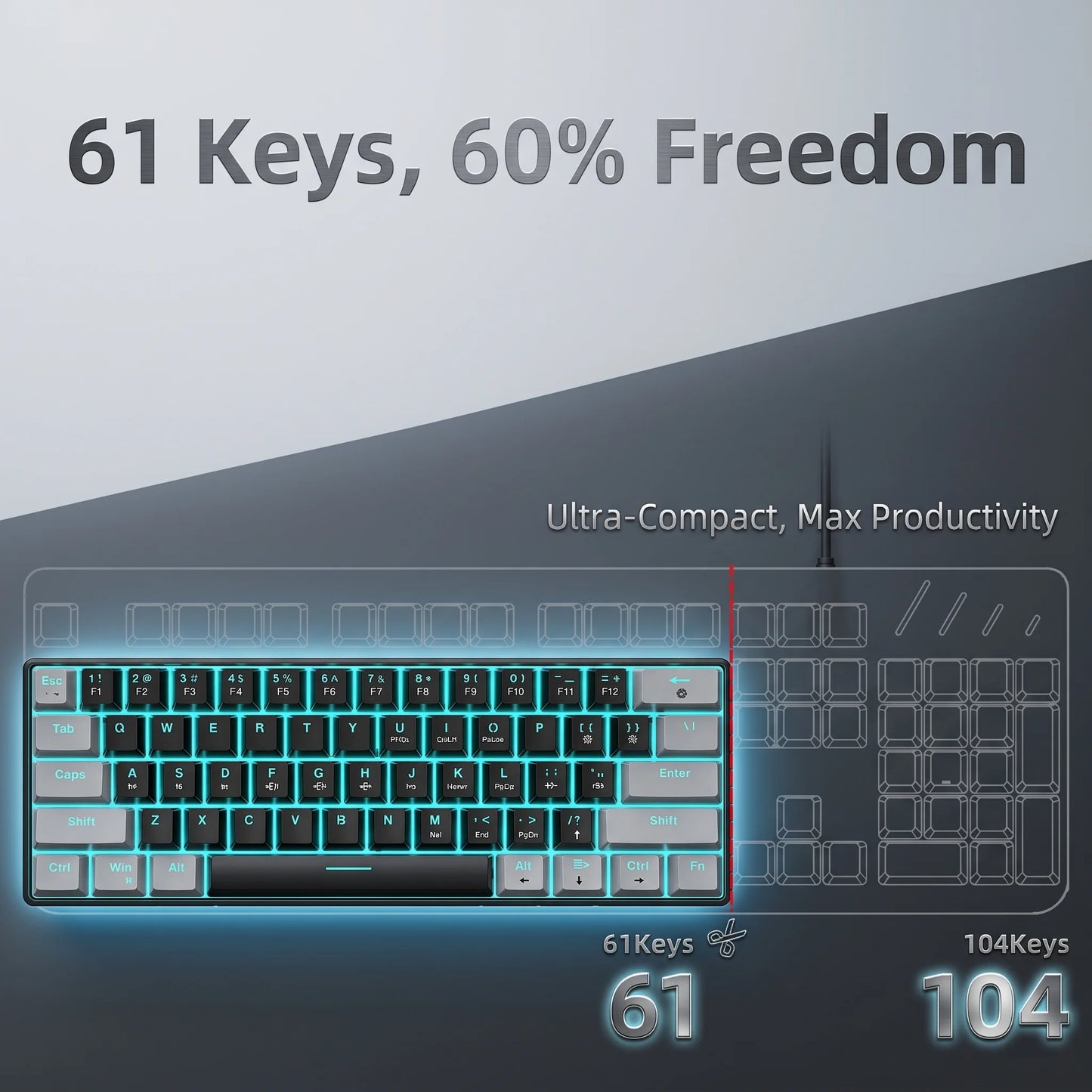 61 Keys Mechanical Gaming Keyboard RGB LED Backlit Compact Wired Red Switches Colorful Keycaps for Desktop Computers