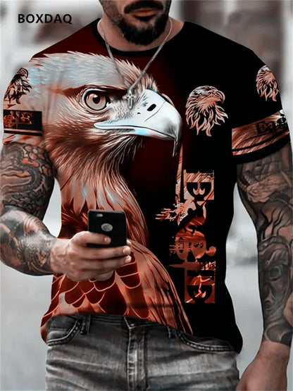 Fashion Eagle Men's T-Shirts Loose O-Neck Casual Tops Short Sleeve 3D Animal Printing Street T Shirt 6XL Big Size Breathable Tee
