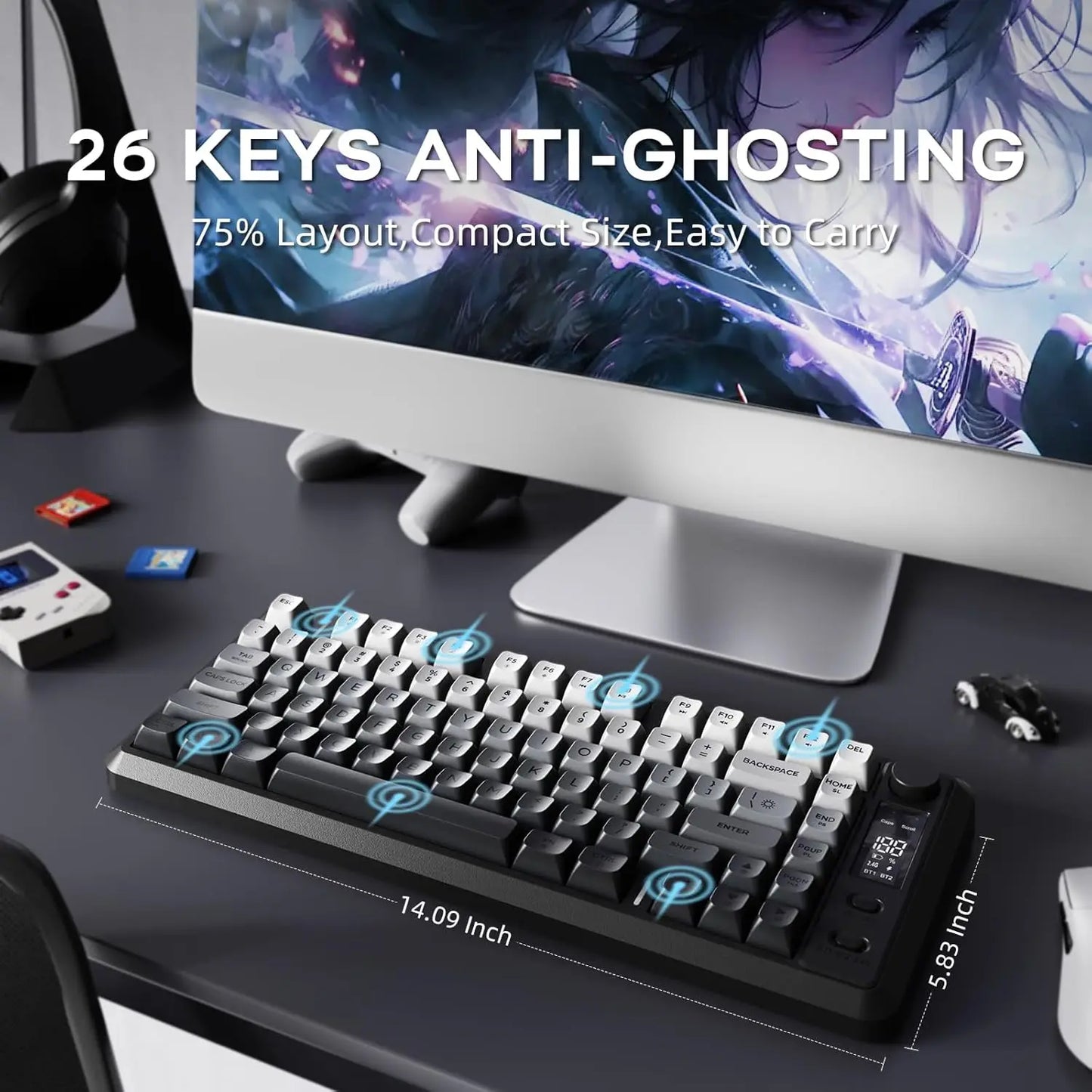 ATTACK SHARK M75 Wireless Membrane Gaming Keyboard with OLED Display, Bluetooth & 2.4GHz Tri-Mode, RGB Backlit PBT Keycaps, Multifunction Knob