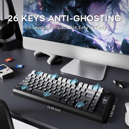 ATTACK SHARK M75 Wireless Membrane Gaming Keyboard with OLED Display, Bluetooth & 2.4GHz Tri-Mode, RGB Backlit PBT Keycaps, Multifunction Knob