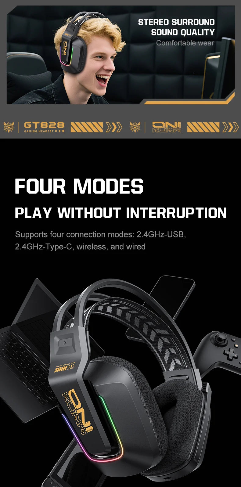 ONIKUMA GT828 Wireless Gaming Headset Bluetooth 5.3 RGB Headphones with Mic, Noise Cancelling, 4-Mode Connection for PC, PS5 & Laptop