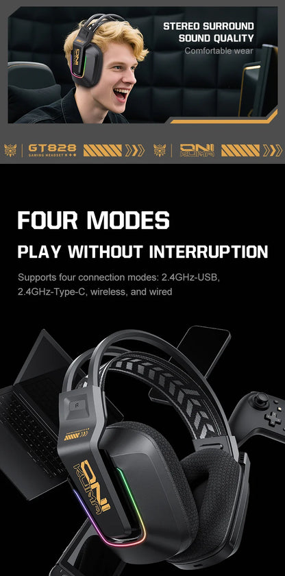 ONIKUMA GT828 Wireless Gaming Headset Bluetooth 5.3 RGB Headphones with Mic, Noise Cancelling, 4-Mode Connection for PC, PS5 & Laptop