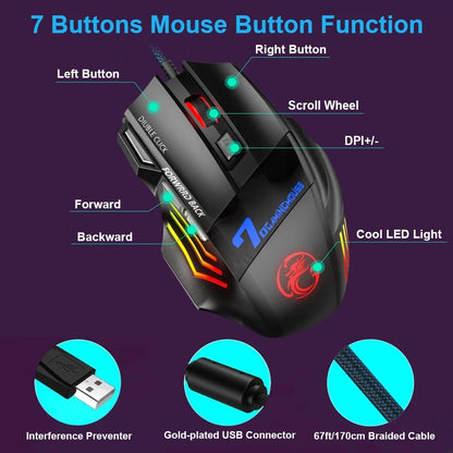 RGB Wired Gaming Mouse USB Ergonomic Gaming Mouse with 7 Buttons, 5500 DPI, Silent Click, RGB Backlit Wired Gaming Mouse for PC & Laptop