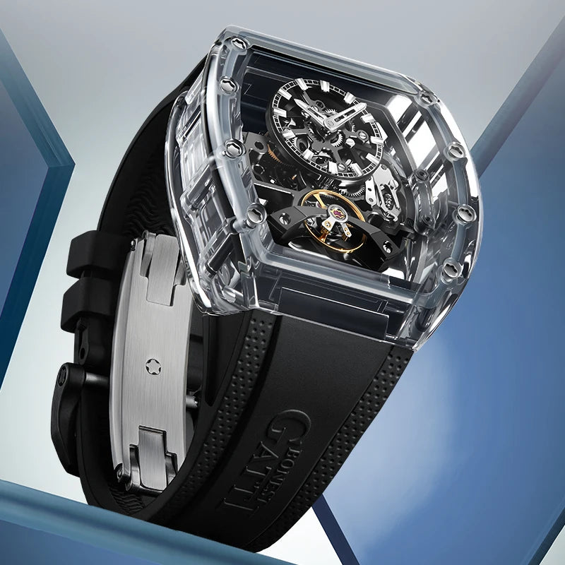 BONEST GATTI New Fully Automatic Men Watch Skeleton Mechanical Watch Rubber Black Band Luminous Barrel Shaped Men Watch
