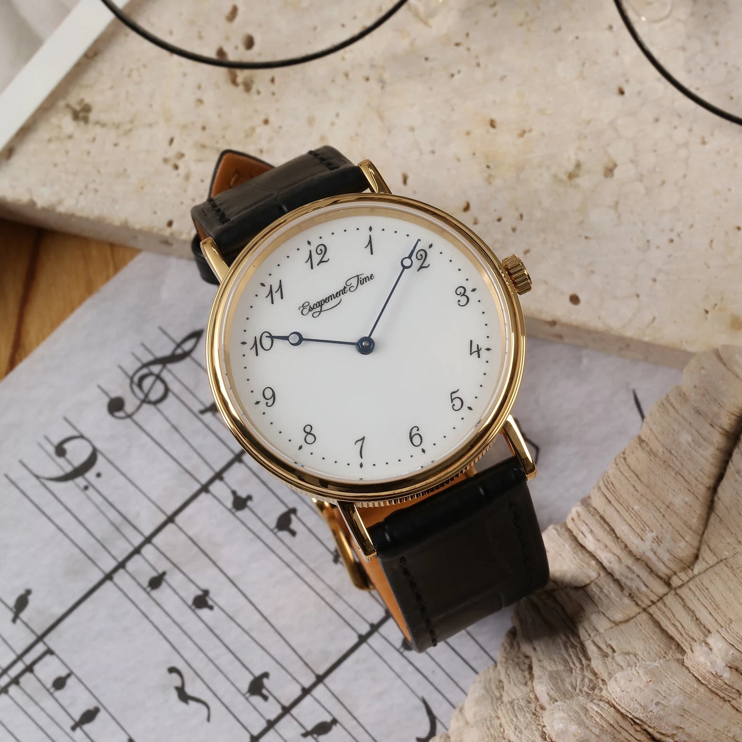 【Escapement Time】Quartz Movement Watch 38.5mm Case Enamel White Waterproof 50M Blue Heat Treatment Hand
