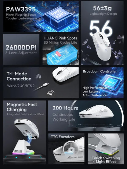 Attack Shark X6 Wireless Ergonomic Gaming Mouse, Tri-Mode Bluetooth, 2.4G & Wired Gaming Mouse, 26000 DPI Rechargeable RGB Gaming Mouse